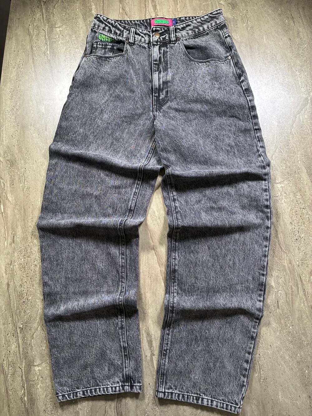 Empyre Baggy Skater Jeans Acid Wash Grey Black Y2K Wide Leg Graffiti Women's 8